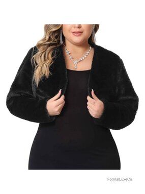 Plus Size Faux Fur Crop Bolero Jacket Open Front Long Sleeve Party